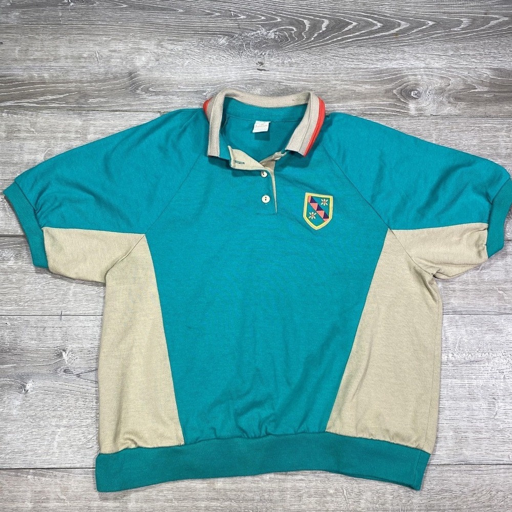 Vintage Jantzen Polo Shirt Men Large Green Colorblock Crest Shield Logo Made USA